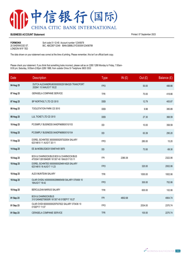 Download China Citic Bank corporate account statement Word and PDF template Photoshop template